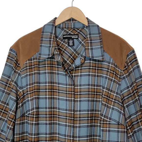 Norton McNaughton Plaid Shacket Shirt Blue Tan Faux Suede Shoulder 3X Cozy - Picture 3 of 13